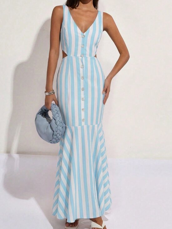 Casual Women's & Striped V-Neck Button detailed Waist Hollow Back Maxi Dress - Picture 3 of 6